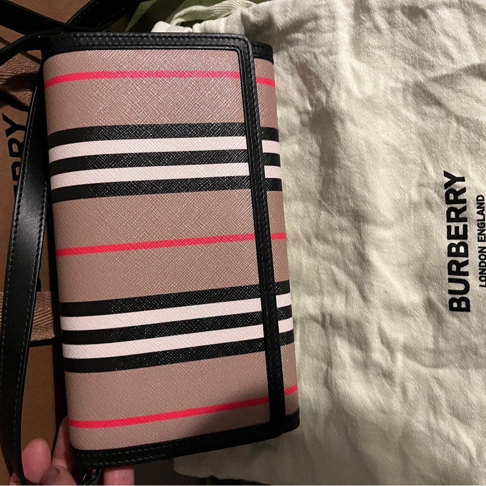 Burberry Crossbody Bag in Tan, Black, and Red Stripes like new - Picture 2 of 6